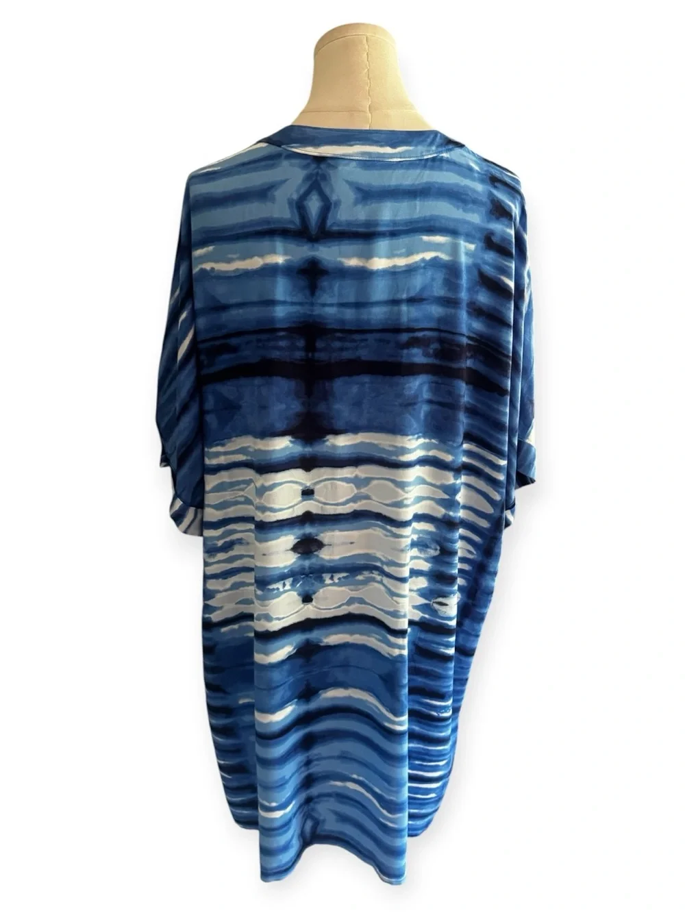 NATORI Blue White Tie-Dye V-Neck Swim Coverup Mini Dress Resort L Pool Beach
